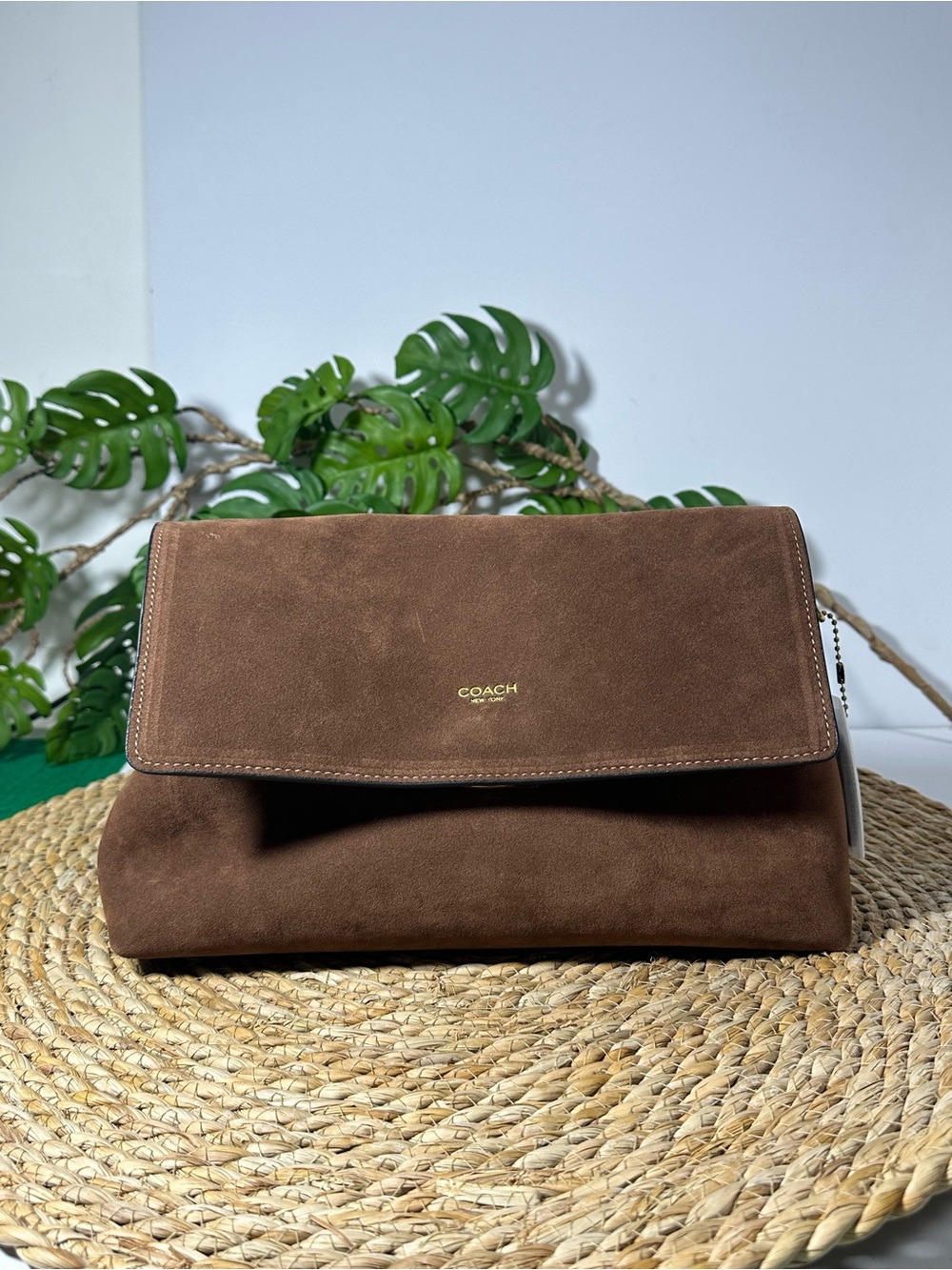 COACH Brown Suede Flap Shoulder Bag with Gold Logo